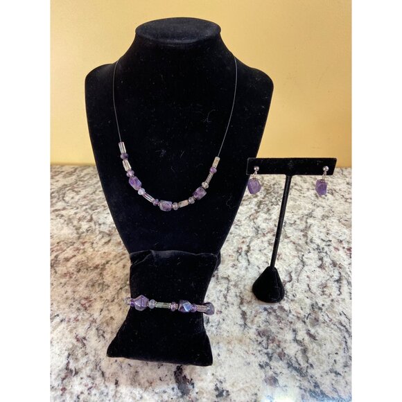 Emily Ray Amethyst Gemstone Necklace Bracelet Earring Set Semi Precious Beads - Picture 1 of 7